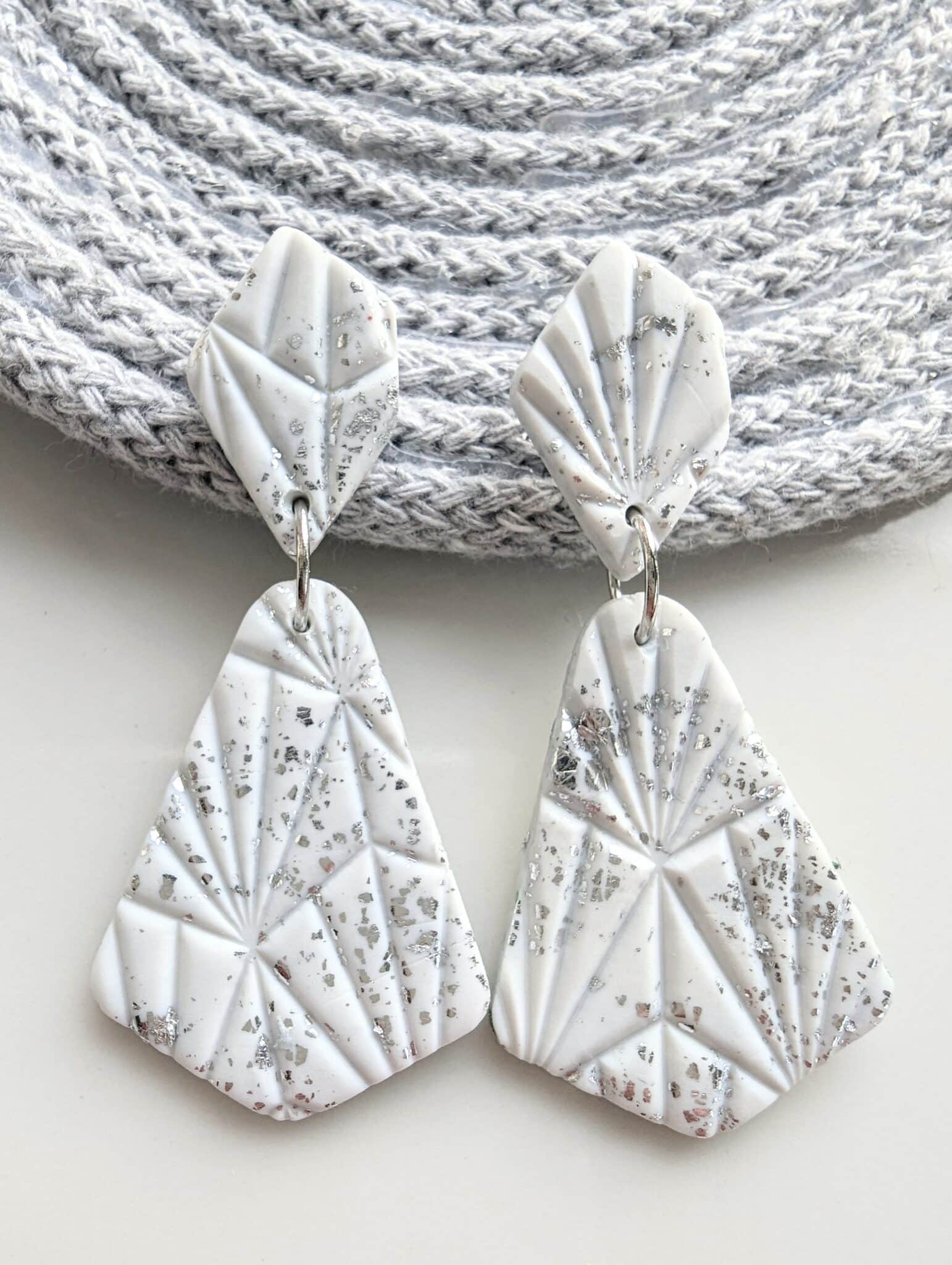 Polymer Clay Earrings, white, silver, dangle, statement, fine jewellery - main product image