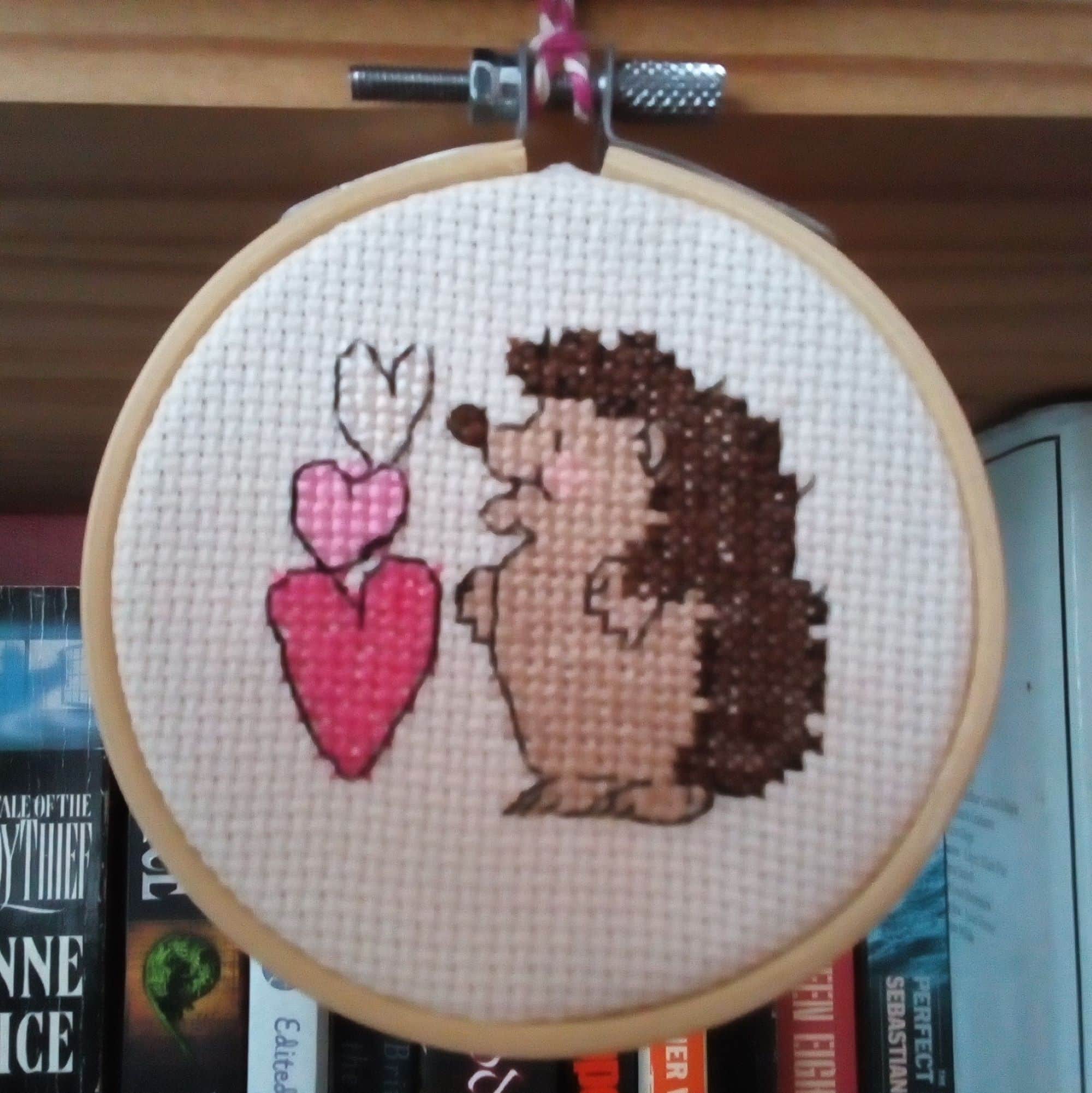 Hedgehog & Hearts, Hanging Hoop Decoration, Cross Stitch, Pink - main product image