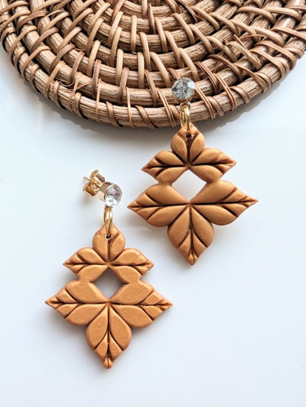 Polymer Clay Earrings, gold, leaves, floral, dangle, statement, fine jewellery - main product image