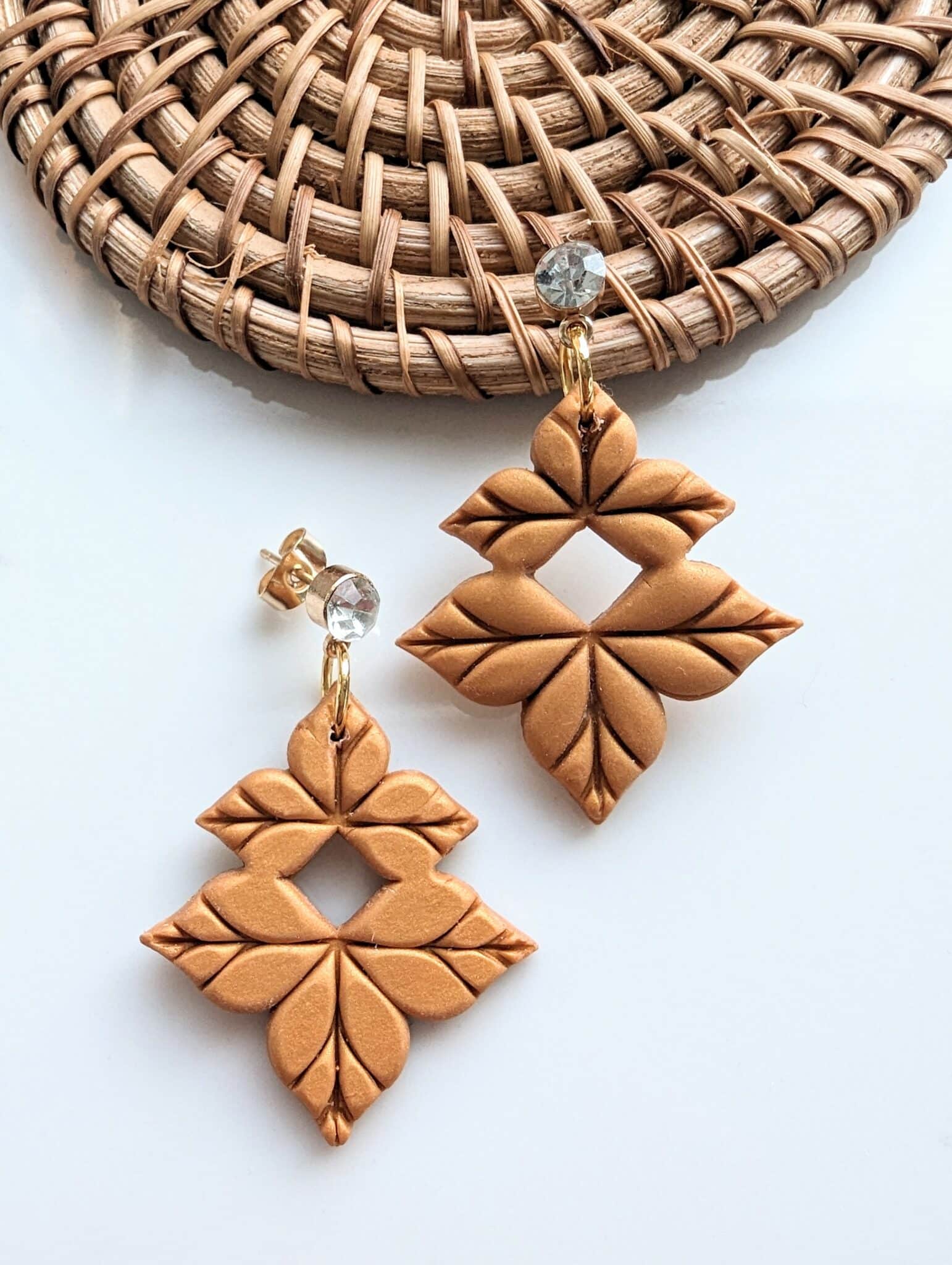 Polymer Clay Earrings, gold, leaves, floral, dangle, statement, fine jewellery - main product image