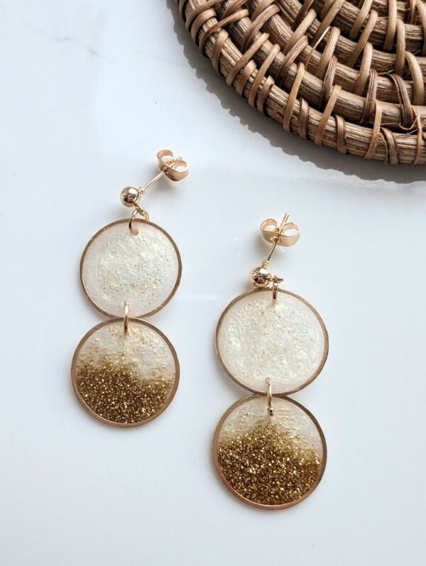 Resin Earrings, Gold, white, glitter, dangle, statement, fine jewellery, resin - main product image