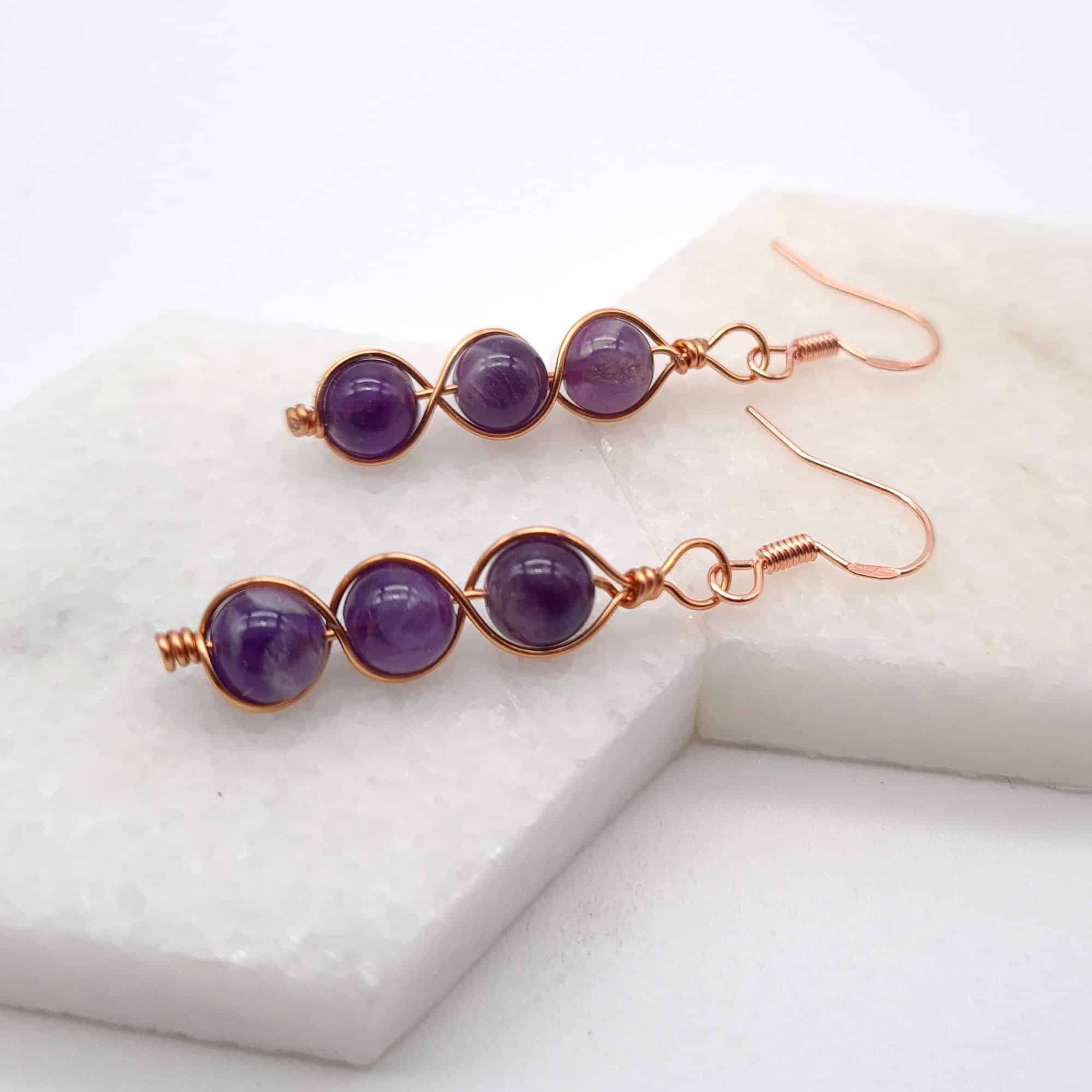 Amethyst Copper Wire Wrapped Earrings Gift for Her, Gift for Anniversary, Copper Dangle Earrings - main product image