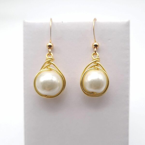 Handmade Gold Wire Wrap Faux Pearl Dangle Earrings - product image 5