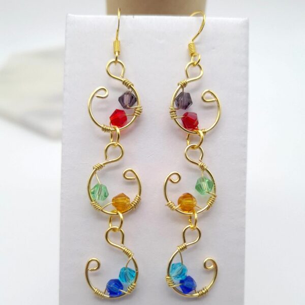 Handcrafted long drop gold wire wrap earrings with multi colour beads - product image 2