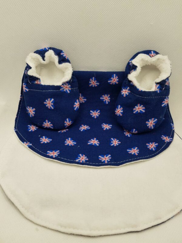 Baby crib shoes and burp cloth set-. ‘ Union Jack Hearts’ (newborn foot length 9cm) - main product image