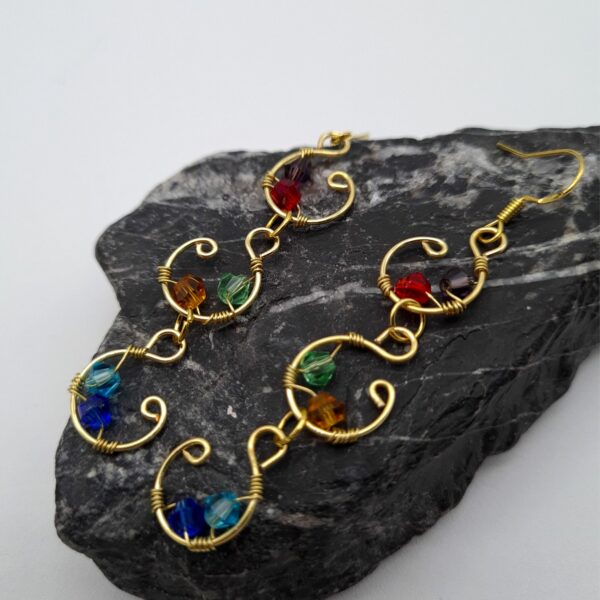 Handcrafted long drop gold wire wrap earrings with multi colour beads - main product image