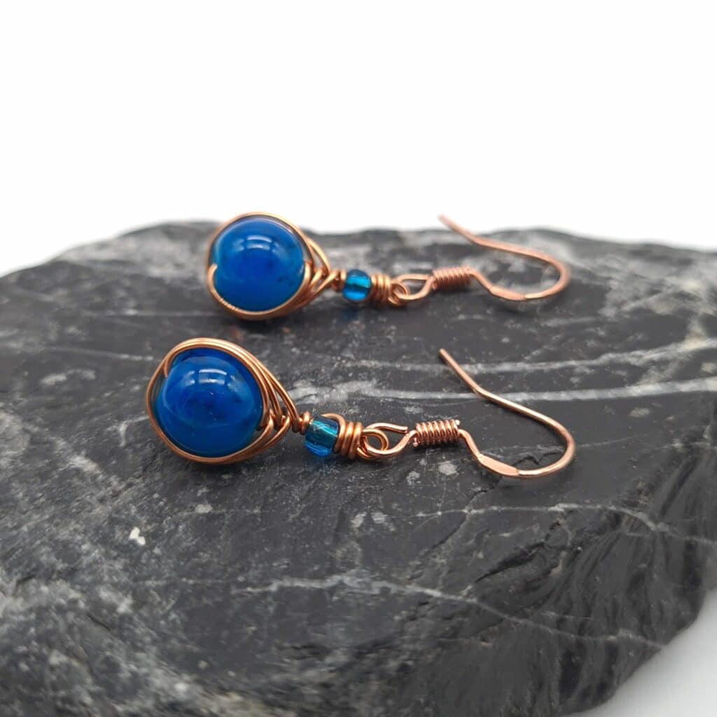 Handmade Copper Earrings Blue Bead Earrings Dangle Wire Wrap