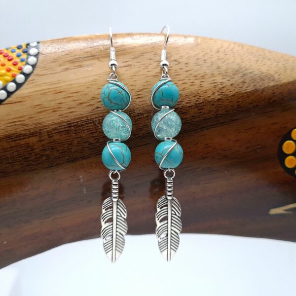 Long Drop Turquoise Wire Wrapped Green Bead Earrings With Silver Feather Charms - product image 3