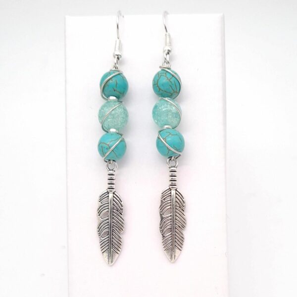 Long Drop Turquoise Wire Wrapped Green Bead Earrings With Silver Feather Charms - product image 2