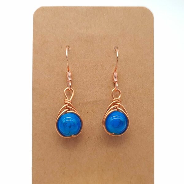 Handmade Copper Wire Wrap Dangle Earrings Blue Bead - product image 2