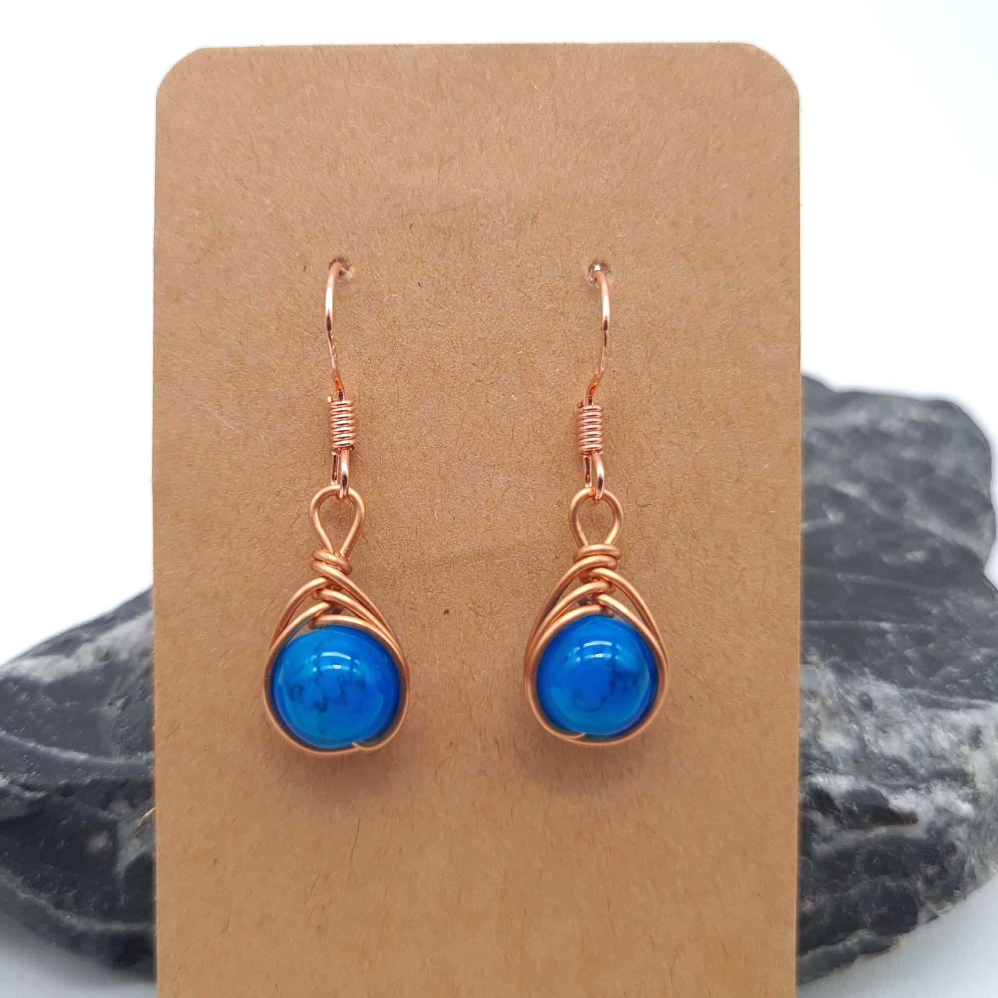 Handmade Copper Wire Wrap Dangle Earrings Blue Bead - main product image