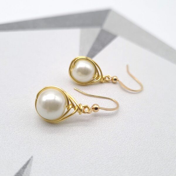 Handmade Gold Wire Wrap Faux Pearl Dangle Earrings - product image 2