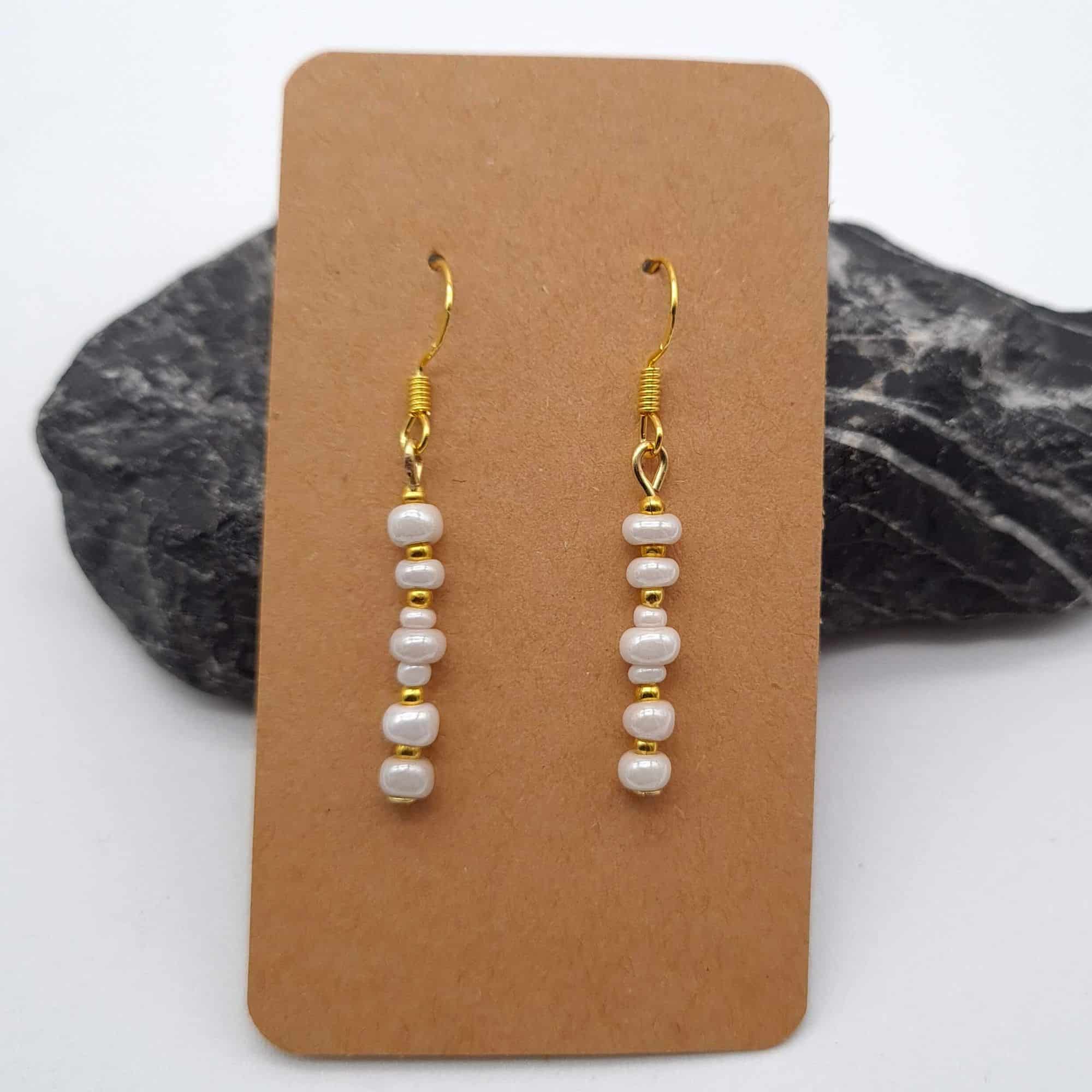 Dainty White & Gold Bead Minimalist Earrings - main product image