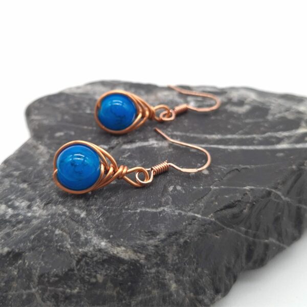 Handmade Copper Wire Wrap Dangle Earrings Blue Bead - product image 3