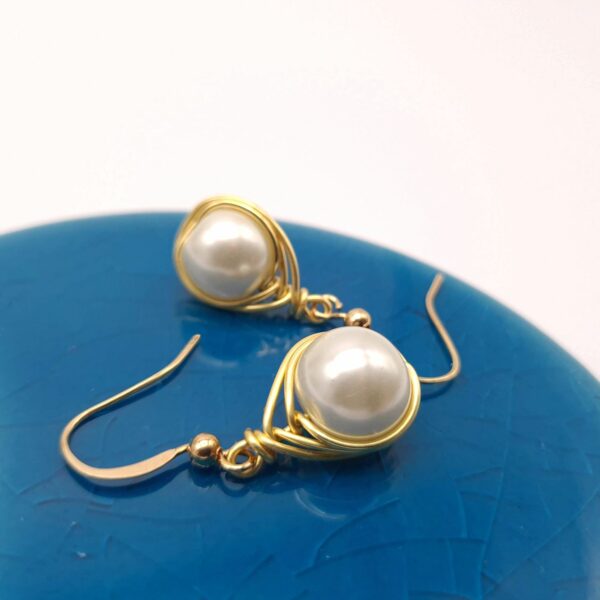 Handmade Gold Wire Wrap Faux Pearl Dangle Earrings - product image 3