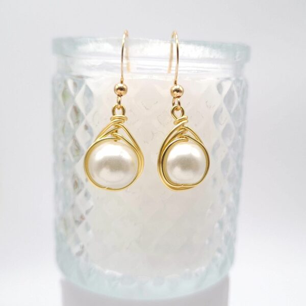 Handmade Gold Wire Wrap Faux Pearl Dangle Earrings - product image 4