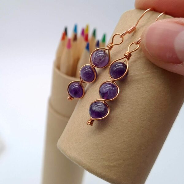 Amethyst Copper Wire Wrapped Earrings Gift for Her, Gift for Anniversary, Copper Dangle Earrings - product image 5