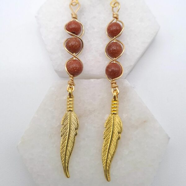 Handcrafted Long Drop Gold Feather Earrings With Wrapped Gold Sandstone Beads - product image 2