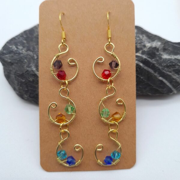 Handcrafted long drop gold wire wrap earrings with multi colour beads - product image 4