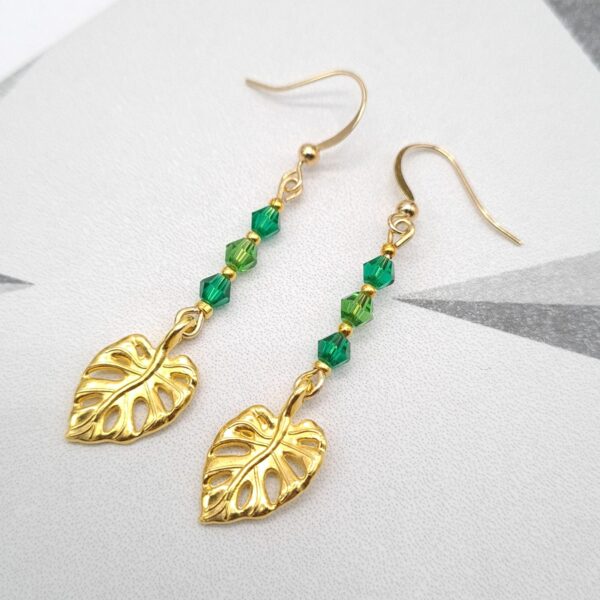 Gold Earrings With Green Glass Beads and Monsterra Leaf Charms - product image 5