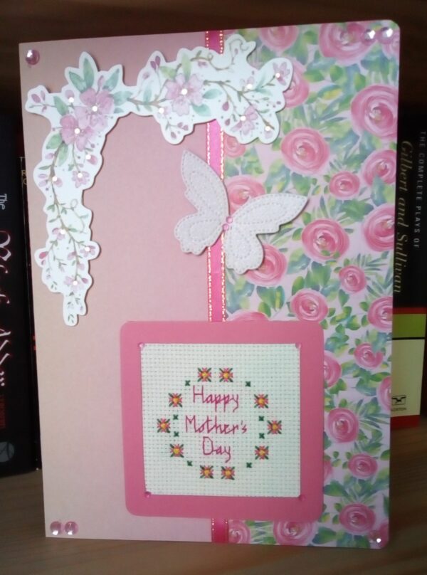 Happy Mother’s Day, Cross Stitch Card, Mother’s Day Card, Mothering Sunday Card – Pink - main product image
