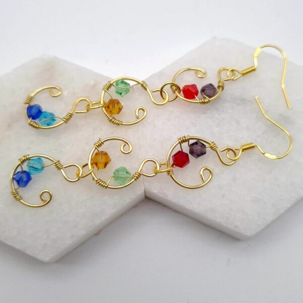 Handcrafted long drop gold wire wrap earrings with multi colour beads - product image 3