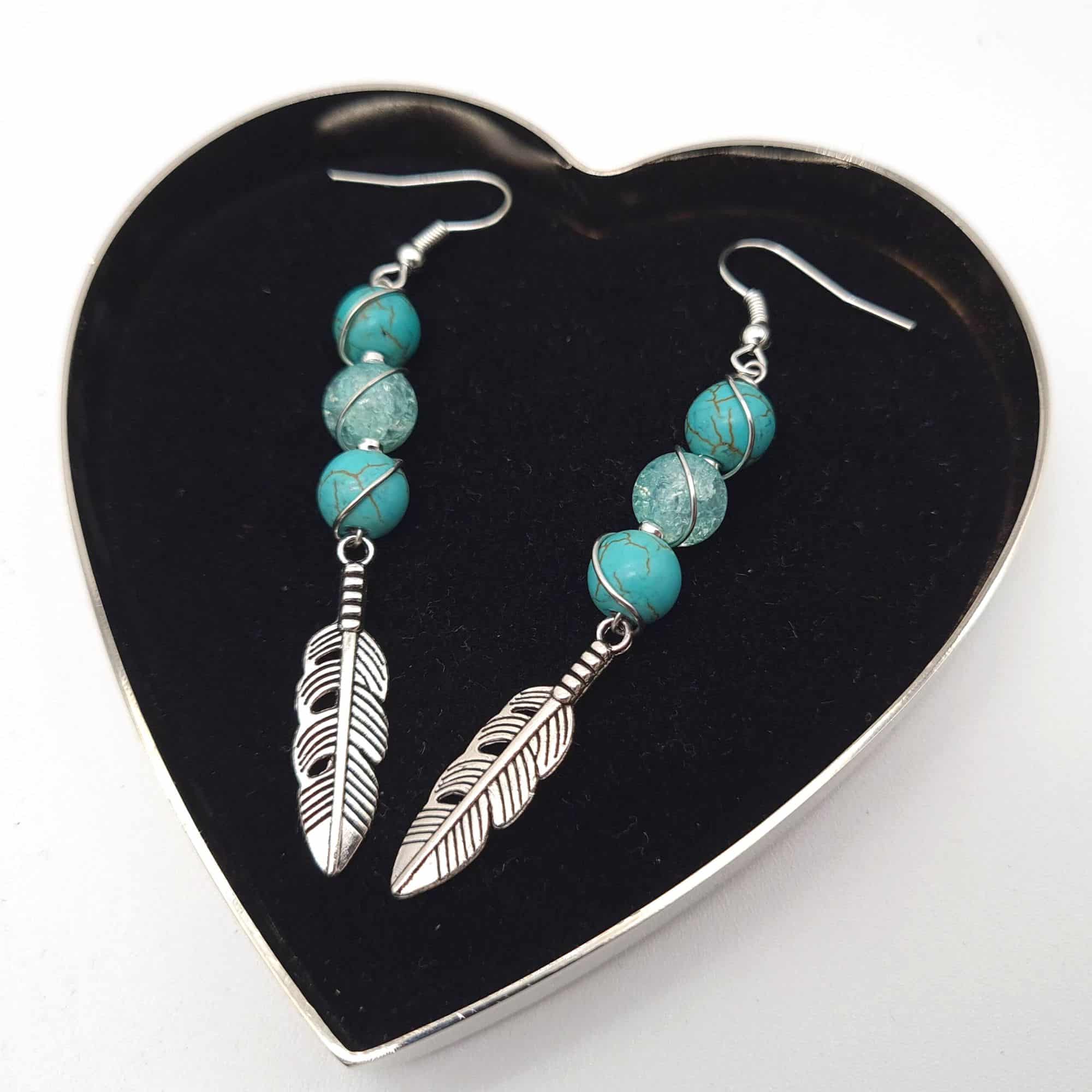 Long Drop Turquoise Wire Wrapped Green Bead Earrings With Silver Feather Charms - main product image