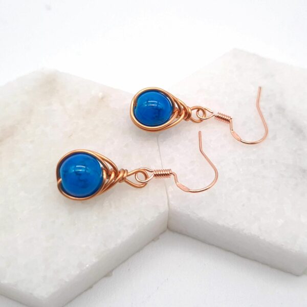 Handmade Copper Wire Wrap Dangle Earrings Blue Bead - product image 4