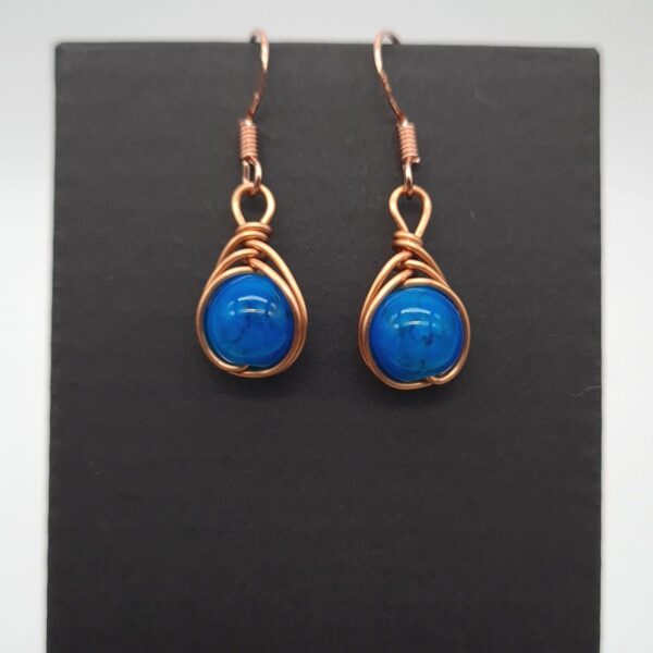 Handmade Copper Wire Wrap Dangle Earrings Blue Bead - product image 5