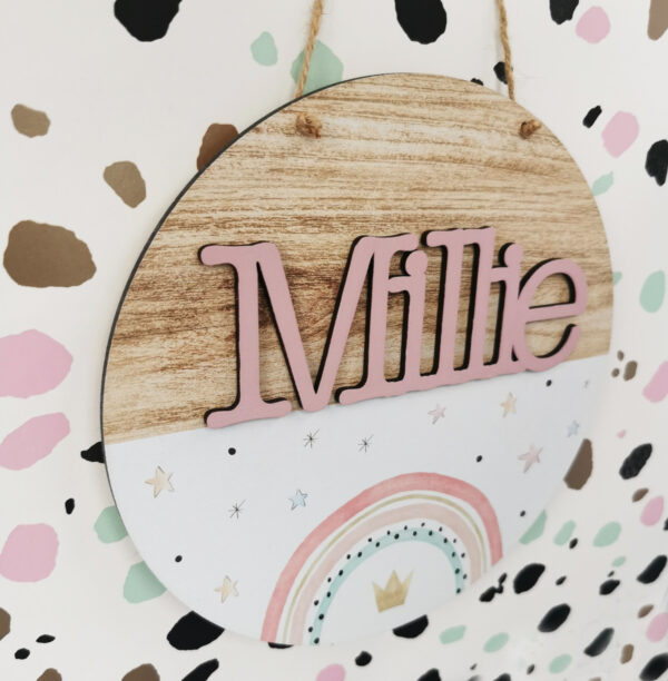 Personalised Rainbow and Stars Name Plaque Round Hanging Wood Sign Customised Decoration Gift - product image 2