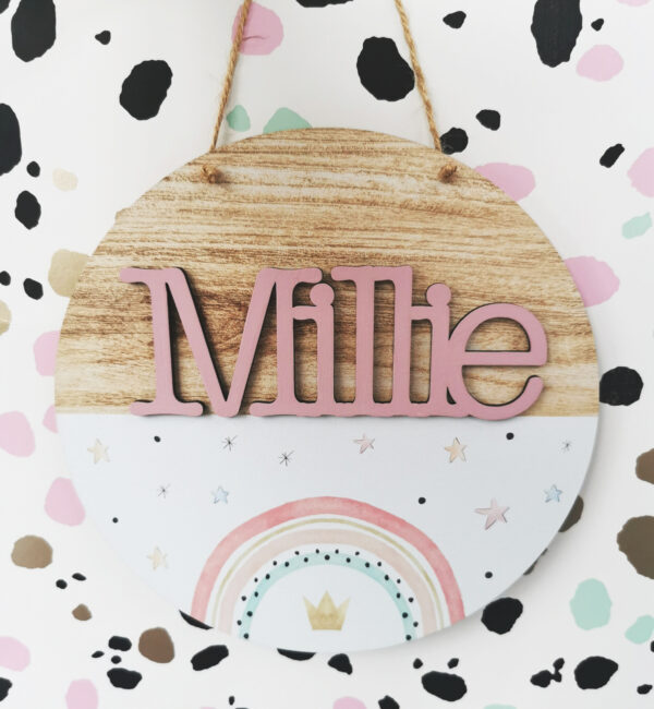 Personalised Rainbow and Stars Name Plaque Round Hanging Wood Sign Customised Decoration Gift - main product image