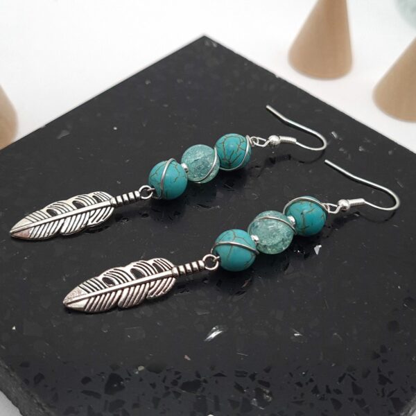 Long Drop Turquoise Wire Wrapped Green Bead Earrings With Silver Feather Charms - product image 5