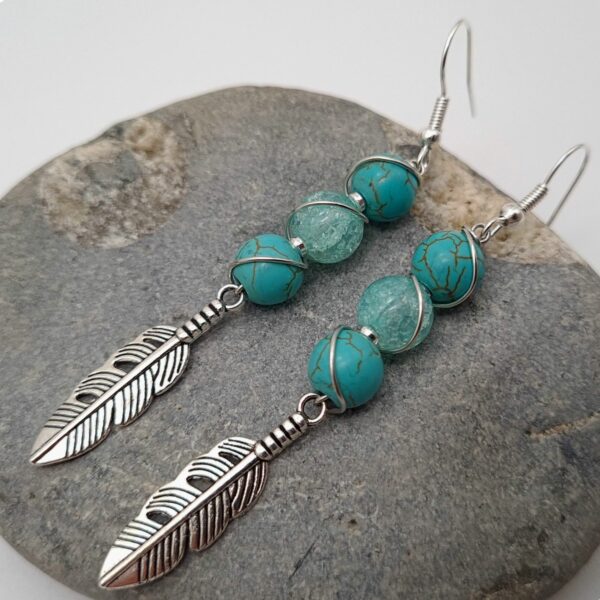 Long Drop Turquoise Wire Wrapped Green Bead Earrings With Silver Feather Charms - product image 4