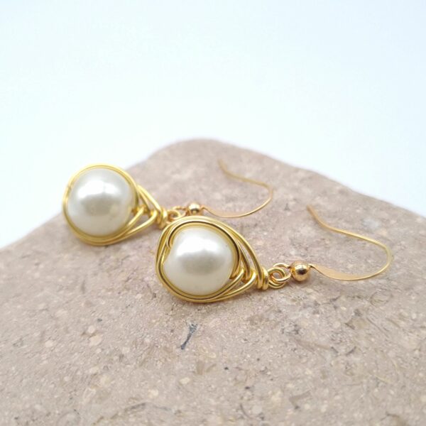Handmade Gold Wire Wrap Faux Pearl Dangle Earrings - main product image