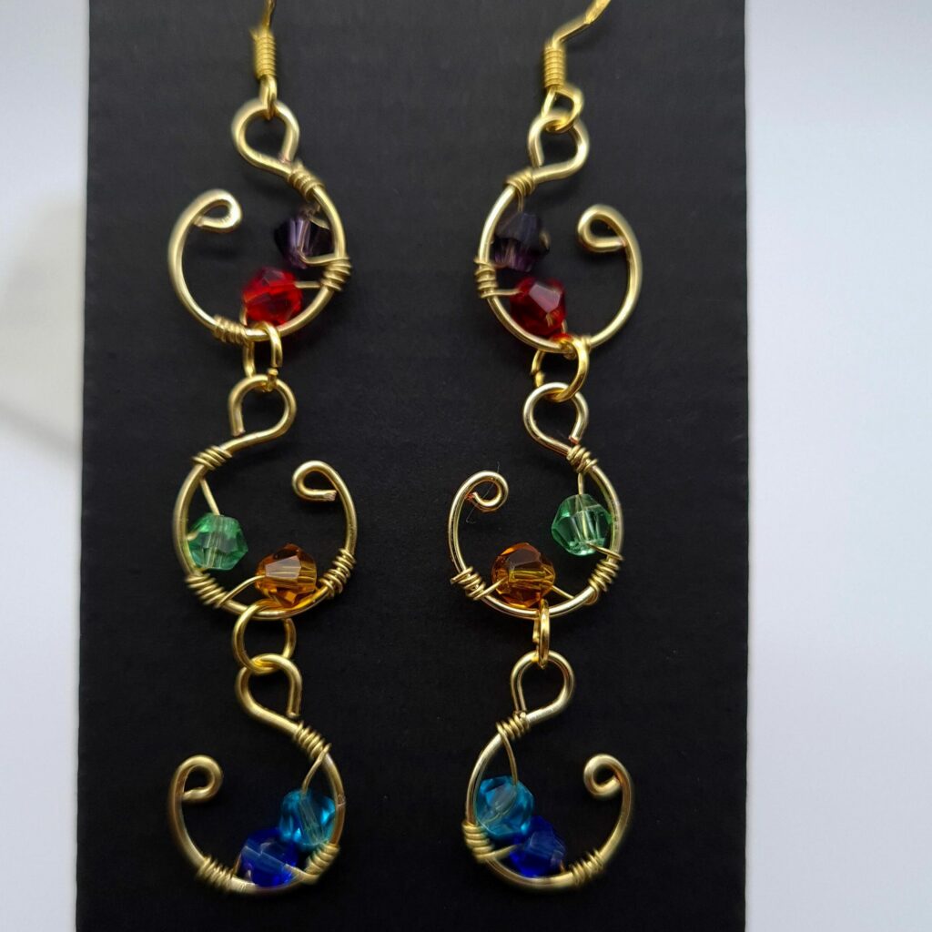 Handcrafted long drop gold wire wrap earrings with multi colour beads