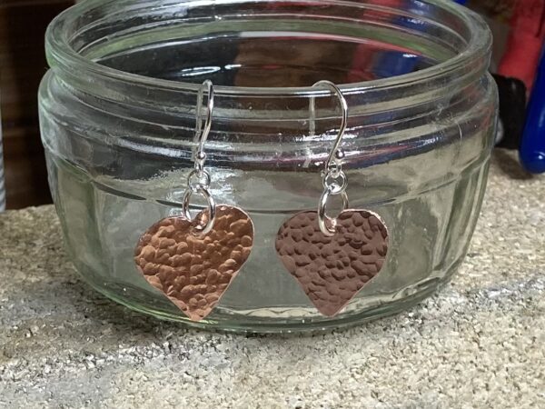 Sterling silver and hammered copper heart earrings - product image 2