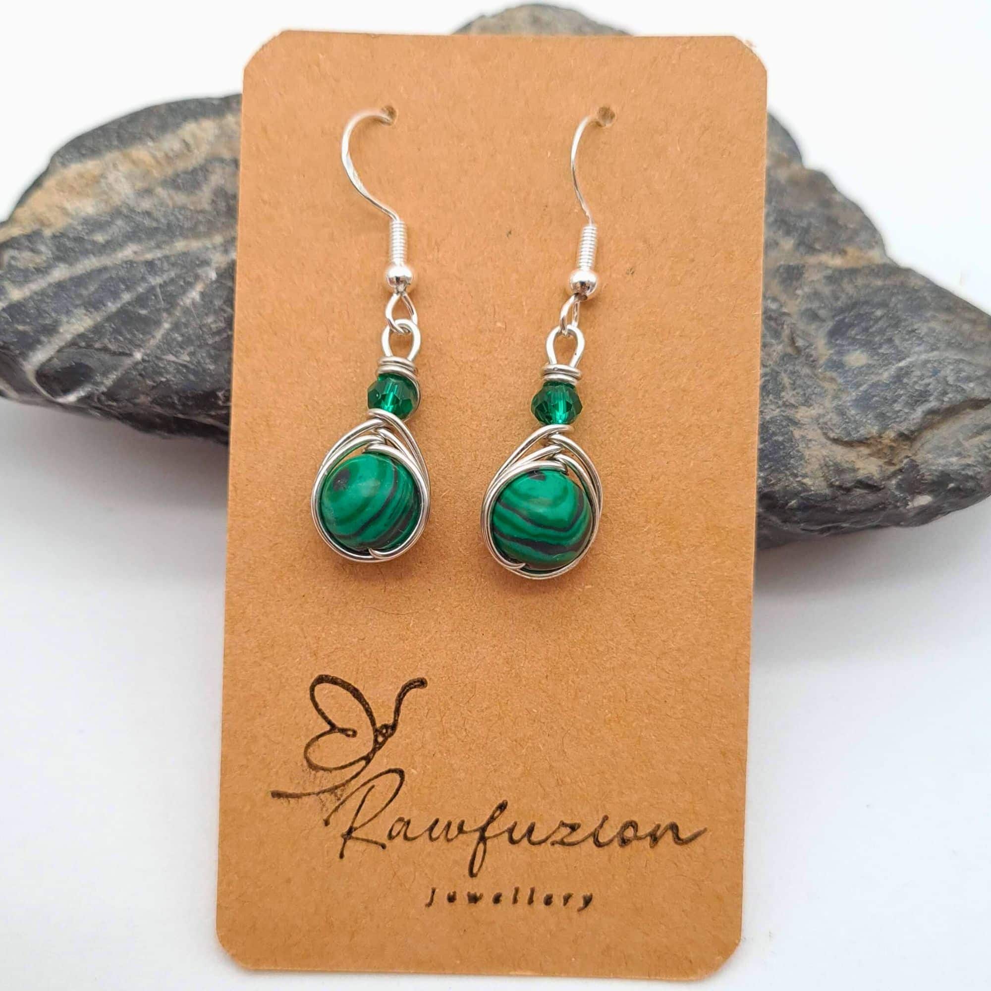 Silver Wire Wrapped Malachite Long Dangle Earrings Green Bead Gift for Her, Anniversary, Mum - main product image