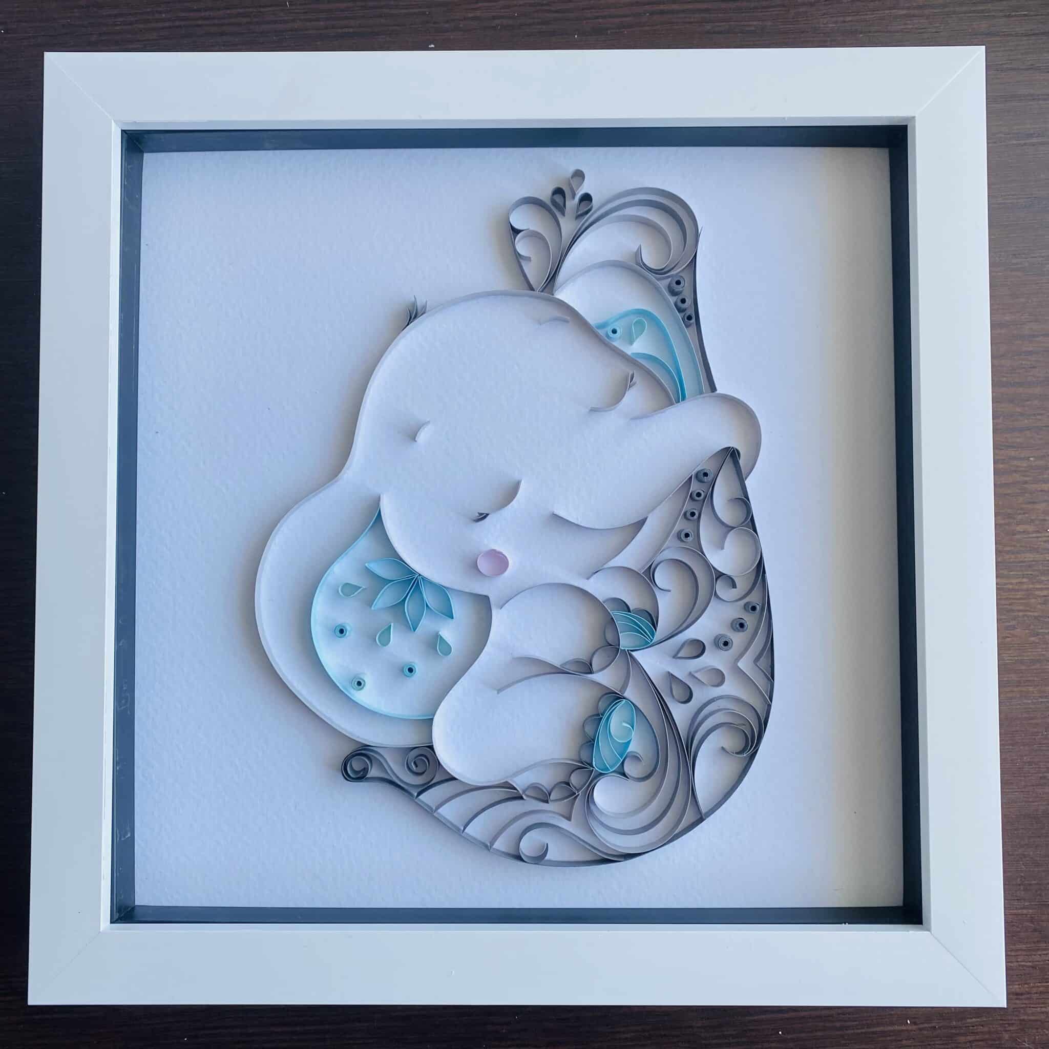 Baby Elephant in mummy’s trunk – framed quilling art, nursery/bedroom decor- can be personalised - main product image