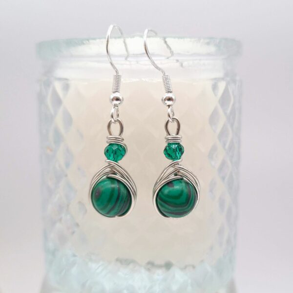 Silver Wire Wrapped Malachite Long Dangle Earrings Green Bead Gift for Her, Anniversary, Mum - product image 3