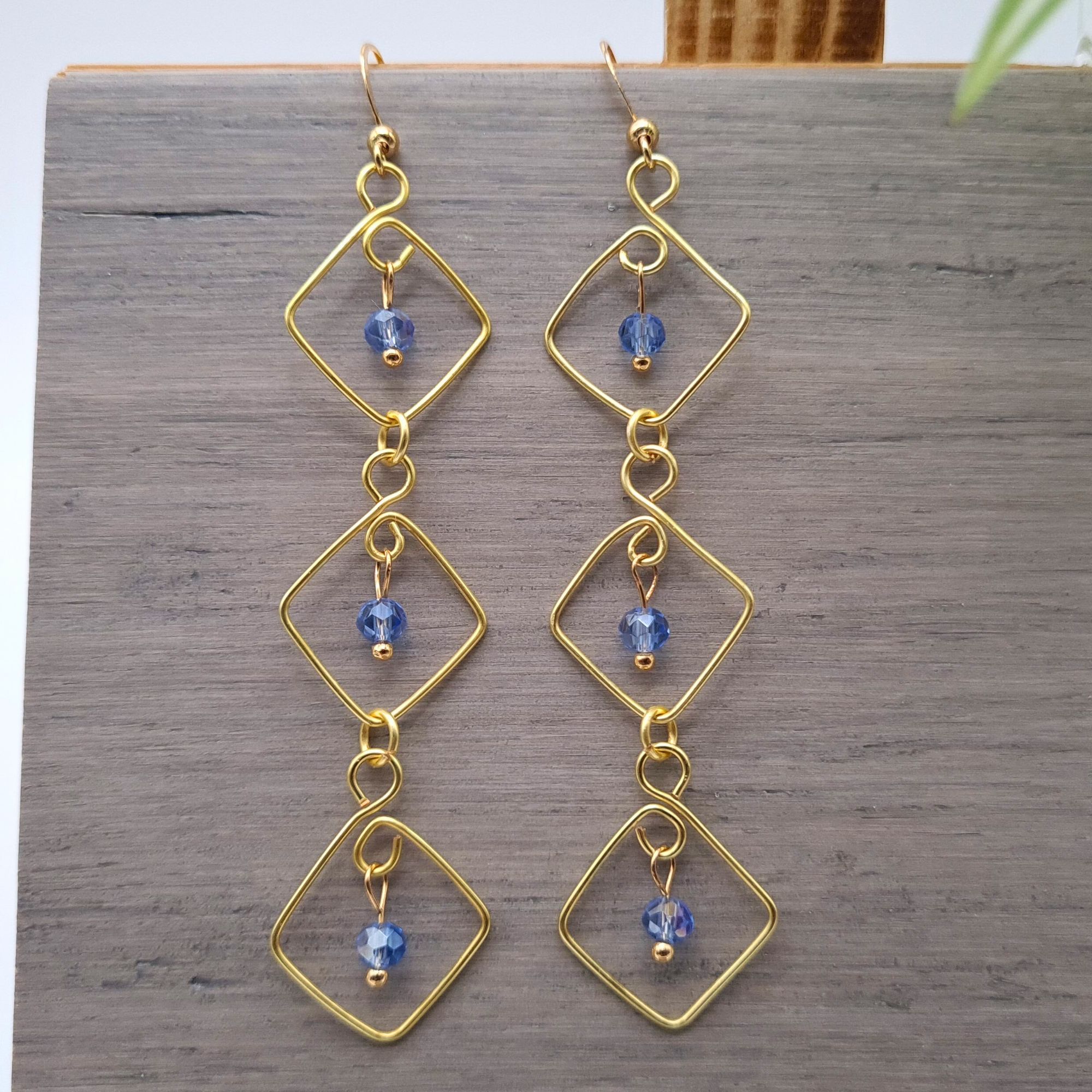 Handcrafted Gold & Blue Dangle Earrings Gift for Her, Gift for Anniversary, Wedding Earrings - main product image