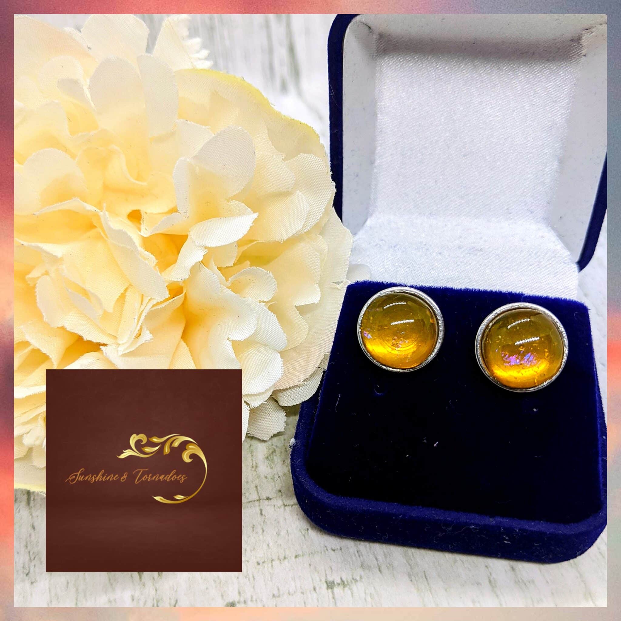 Iridescent Amber Fused Glass Stud Earrings - main product image