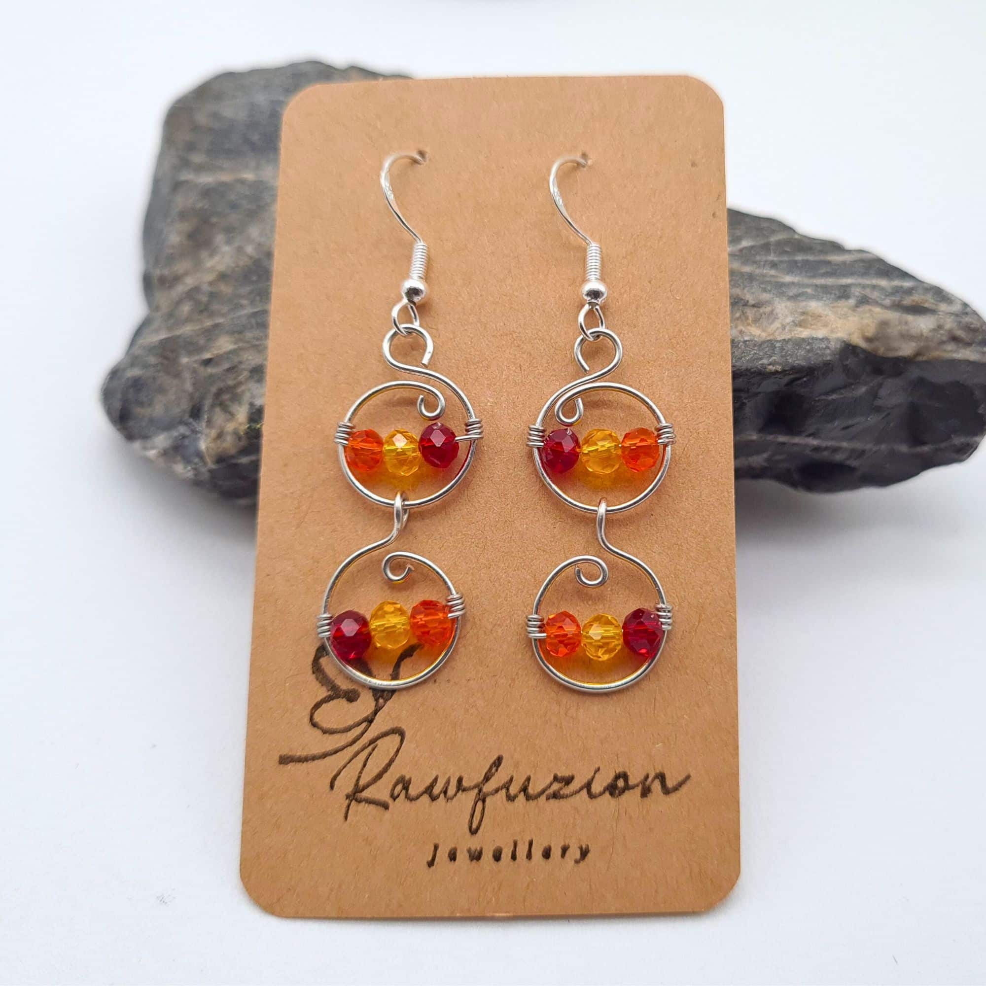 Silver Dangle Earrings With Red, Orange, Yellow Beads. Gift for her, Anniversary, Birthday - main product image