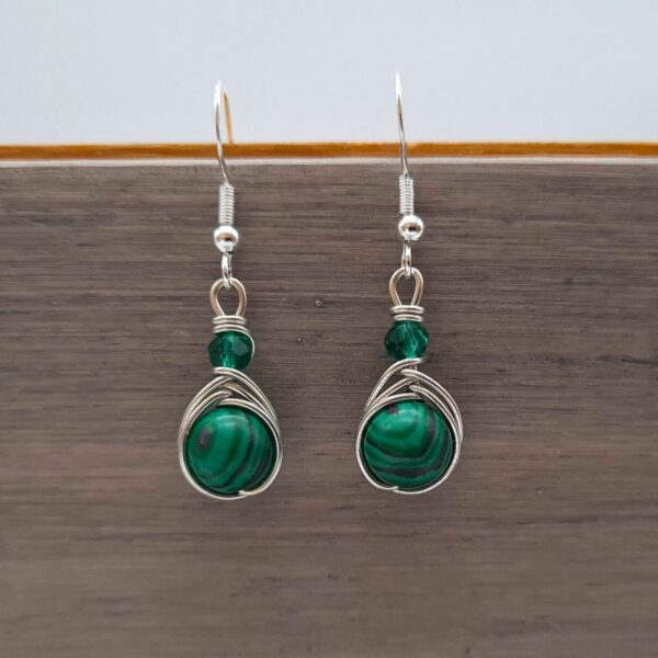 Silver Wire Wrapped Malachite Long Dangle Earrings Green Bead Gift for Her, Anniversary, Mum - product image 5