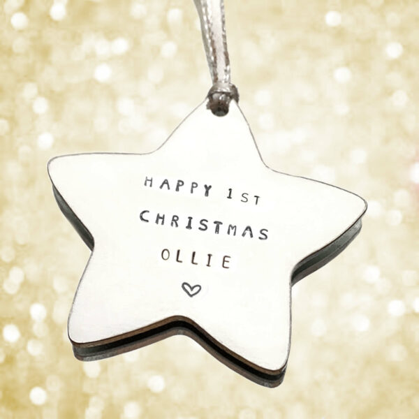 Personalised Christmas Star. Handstamped tree decoration, memorial star, baby’s first Christmas - product image 2