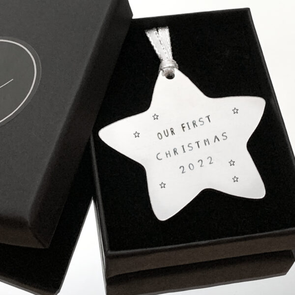 Personalised Christmas Star. Handstamped tree decoration, memorial star, baby’s first Christmas - product image 3