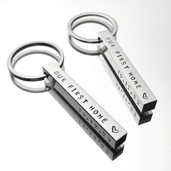 New home gift, house warming present. Personalised hand stamped 3D bar keyring - main product image