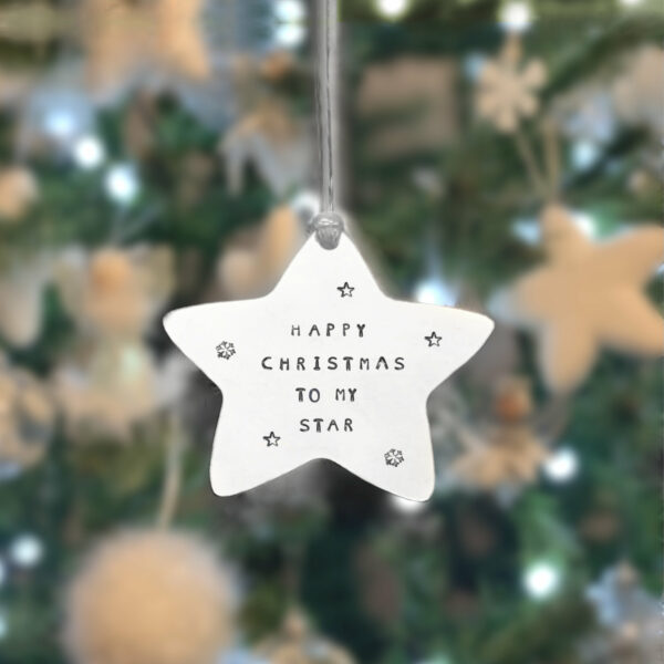 Personalised Christmas Star. Handstamped tree decoration, memorial star, baby’s first Christmas - main product image