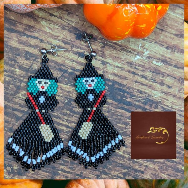 Hand Stitched Beaded Witch Earrings with Fringe - product image 2