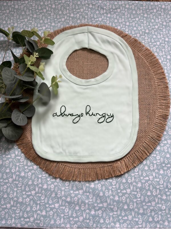 Hand embroidered baby bib “always hungry” - product image 2