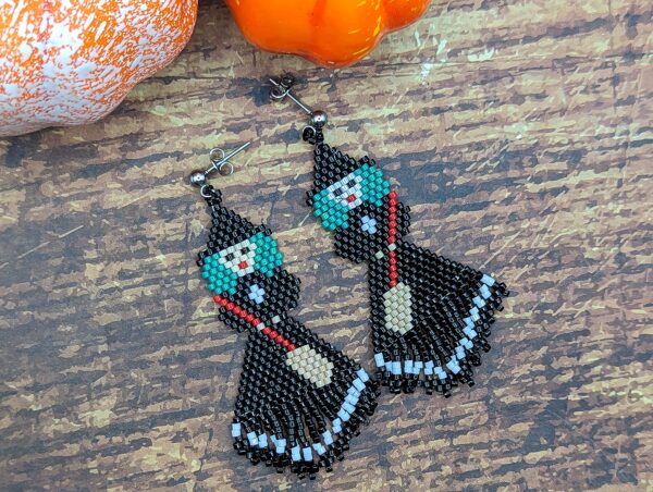 Hand Stitched Beaded Witch Earrings with Fringe - main product image